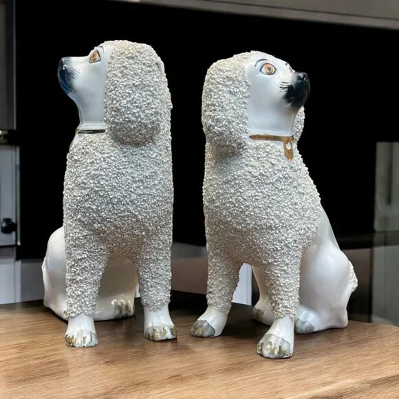 Pair Of Vintage Antique English  Staffordshire Poodle Dog Figurines 7 in - Picture 2 of 12